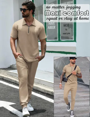 Vista 4 de Chándal deportivo para hombre, 2 piezas, camisa polo y pantalones deportivos con cremallera de cuatro, sudadera de color liso, pantalones deportivos