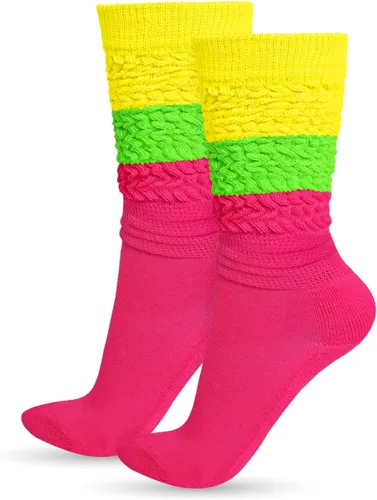 Vista 17 de Ronglry Calcetines de neón holgados de los años 80 y 90, calcetines de neón para mujer, calentadores de piernas extra largos, suaves, hasta