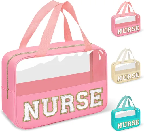 Vista 10 de izuzta Bolsas de maquillaje transparentes tipo tote con letras de chenilla, bolsa de maquillaje preppy con asa, Moda