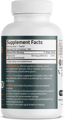 Vista 2 de Bronson Vitamina D3 2000 UI (50mcg) Sin OGM, 360 tabletas