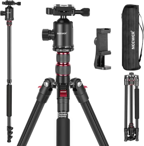 Vista 11 de NEEWER Basics - Trípode de viaje de 66.5"/169 cm para cámara, soporte DSLR portátil ligero con cabeza de bola, placa QR tipo Arca, soporte