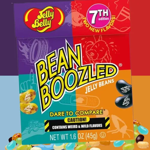 Vista 5 de Needzo Jelly Bean BeanBoozled Game 7ª Edición, Caja Pequeña con Tapa Abatible con Gominolas Surtidas, Dulces Masticables de Sabor Extraño, Paquete