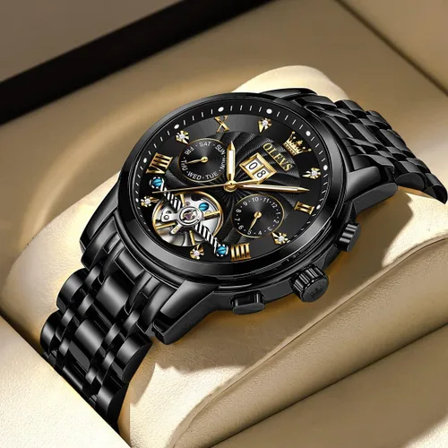Vista 16 de OLEVS Relojes automáticos para hombre, oro de lujo, vestido de diamantes de cuerda automática, esqueleto mecánico, Tourbillon, reloj de pulsera