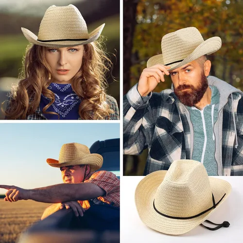 Vista 4 de Unittype Juego de 6 sombreros de vaquero de paja con bandanas, paquete de accesorios de fiesta de vaquero, disfraz clásico de sombrero de vaquero