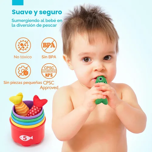 Vista 5 de hahaland Juguetes Montessori para niño de 1 año, regalo de cumpleaños, juego de pesca de tela 10 en 1, juguetes para niños pequeños con tazas