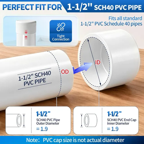 Vista 3 de Tapón de PVC blanco de 1-1/2 pulgadas para extremo de tubería, 10 piezas de conector de adaptador de rosca de PVC para tubería, conector de tapón