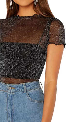 Vista 5 de SheIn - Blusa de manga corta con brillantina malla transparente y ribete de lechuga para mujer