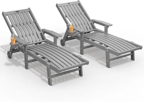Vista 20 de THOEOE Juego de 2 tumbonas para exteriores, silla de piscina HDPE, madera