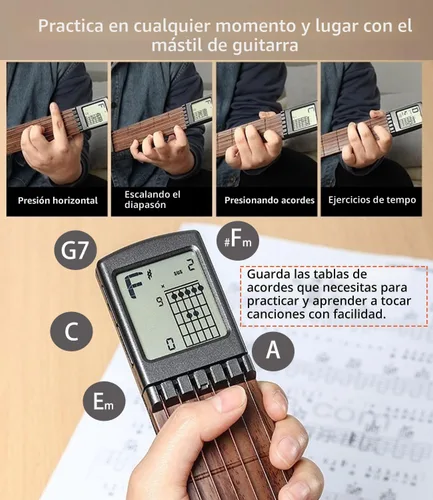 Vista 3 de Herramienta de práctica de acordes de guitarra de bolsillo, cuello de guitarra portátil para principiantes con pantalla giratoria de acordes