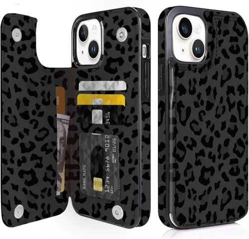 Vista 18 de Funda compatible con iPhone 14/15 con tarjetero y ranuras integradas de piel sintética con función atril y a prueba de golpes para iPhone 14/15