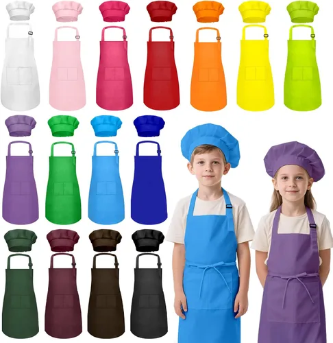 Vista 8 de Juego de delantal y sombrero de chef para niños, 24 piezas con 2 bolsillos ajustables para cocinar, aula, hornear, pintura, 6 a 13 años