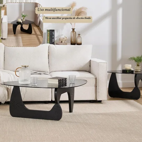 Vista 5 de LukeAlon Mesa auxiliar triangular moderna color negro y gris, parte superior de vidrio templado y base de madera, mesa auxiliar geométrica abstracta