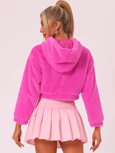 Vista 4 de Allegra K Abrigo de piel sintética con cremallera para mujer, casual, mullido, con capucha