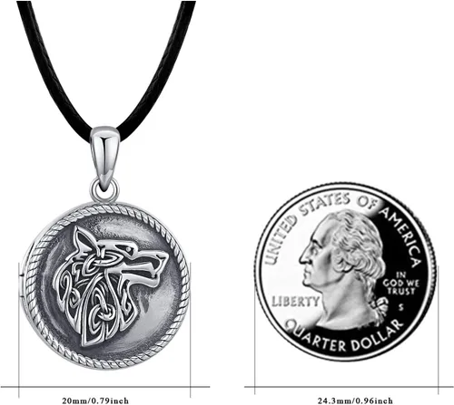 Vista 7 de Collar con medallón de lobo de plata de ley 925 con medallón que sostiene fotos, collar vikingo oxidado, colgante de lobo celta, regalos de joyería