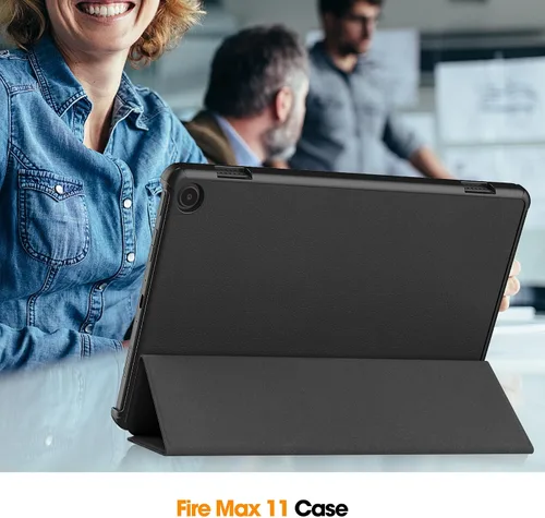 Vista 9 de Funda tipo folio con tapa para tablet Fire Max 11, ajuste delgado, de piel sintética de alta calidad, parte trasera dura, con función de apagado