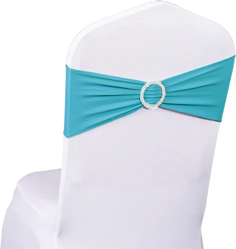 Vista 35 de Paquete de 50 bandas negras de elastano para sillas de boda, lazos con hebillas para fiestas, cumpleaños, fiestas, banquetes de jubilación