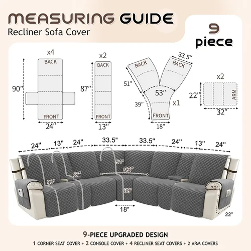 Vista 5 de Arfntevss - Fundas impermeables para sofá seccional reclinable, juego de fundas antideslizantes lavables en forma de L para sofá reclinable, Gris