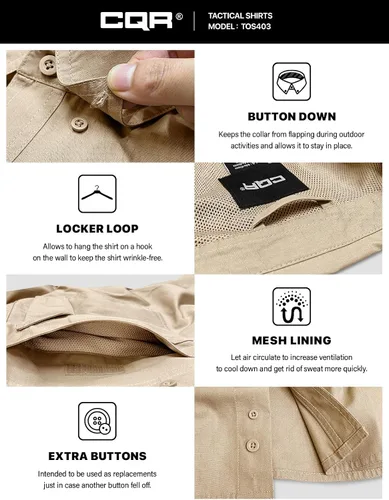 Vista 7 de CQR Camisas de trabajo de manga corta para hombre, camisetas tácticas militares Ripstop, para exteriores, UPF 50+, transpirable, para senderismo