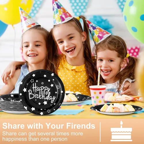 Vista 6 de Platos de papel de fiesta de feliz cumpleaños, platos de postre negros, 7 pulgadas, 50 unidades, lunares de aluminio para decoraciones de fiesta