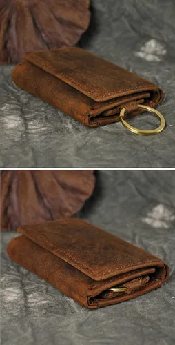Vista 5 de Le'aokuu Funda de cuero genuino para llave de coche con gancho para monedas, billetera a presión