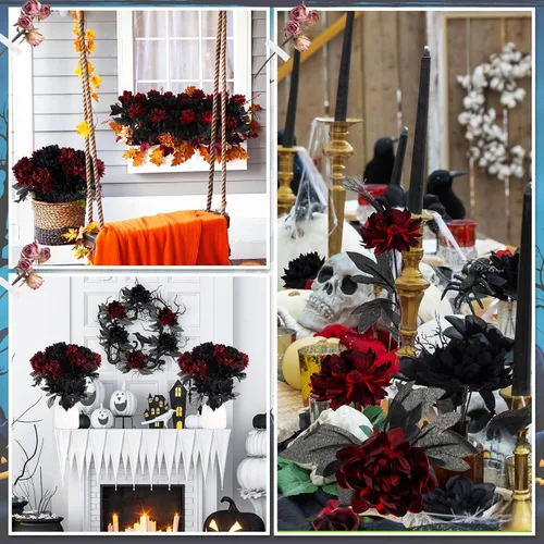 Vista 5 de Tigeen - 60 flores artificiales de color burdeos, flores góticas Flores de Halloween de tallo largo, ramo de novia, cosecha, centros de mesa