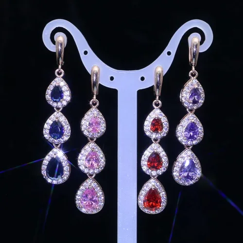 Vista 4 de LMXXVJ Juego de collar y aretes largos, chapados en oro blanco, juego de joyas de zafiro azul creado, joyería de regalo para boda, fiesta, joyería