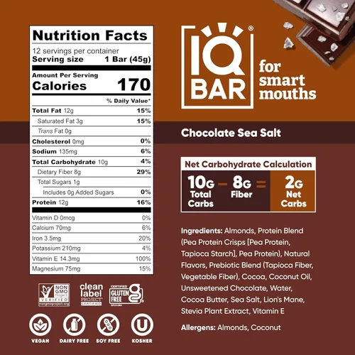 Vista 2 de IQBAR Clean Plant - Barras de proteínas de chocolate, sal marina y arándano silvestre, paquete de 12 unidades, keto, vegano, alto en fibra, sin