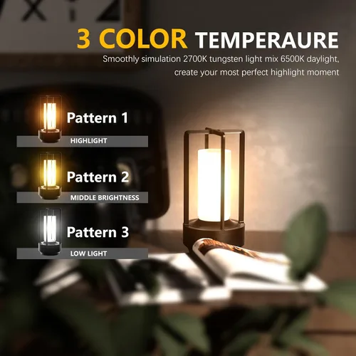 Vista 3 de Lámpara de mesa Anznzem, lámpara LED recargable inalámbrica portátil, lámpara de mesita de noche de metal con atenuación de 3 colores, lámpara
