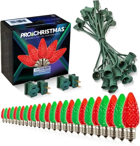 Vista 11 de Pro Christmas - Kit de luces C9 para exteriores, blanco cálido, cable verde, 50 bombillas, 50 pies