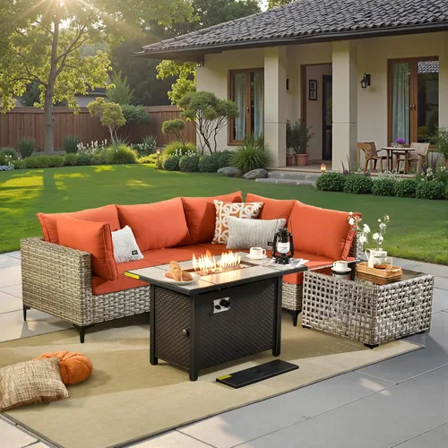 Vista 12 de ovios Muebles de patio de 8 piezas con hoguera, juego de conversación de mimbre de ratán para exteriores con mesa de centro brillante, cómodo sofá