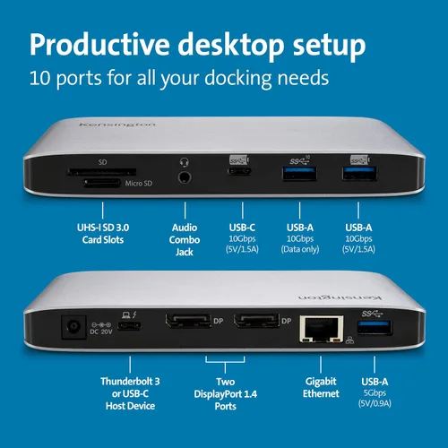 Vista 2 de Kensington SD2480T Thunderbolt 3 y USB-C Dual 4K Estación de acoplamiento con lector de tarjetas PD, SD y Micro SD de 60 W, para Windows y MacBooks