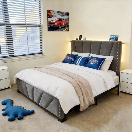 Vista 12 de EnHomee Base de cama individual con luces LED y USB, sin ruido, color beige