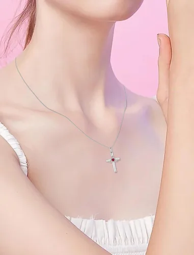 Vista 2 de Collar de cruz celta de plata de ley 925 con colgante de piedra natal chapada en oro blanco para mujer