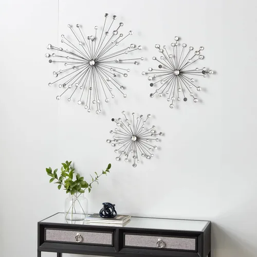 Vista 3 de Deco 79 Escultura de pared de metal Sunburst para el hogar, decoración de pared con adorno de cristal, juego de 3 arte de pared de 16 pulgadas, 20