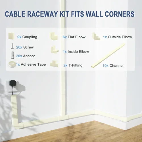Vista 4 de Kit de Canaleta de Pared para Cubierta de Cable - Ocultacables de 157", Ocultadores de Cables para Montaje de TV en Pared y Gestión de Cables, Beige
