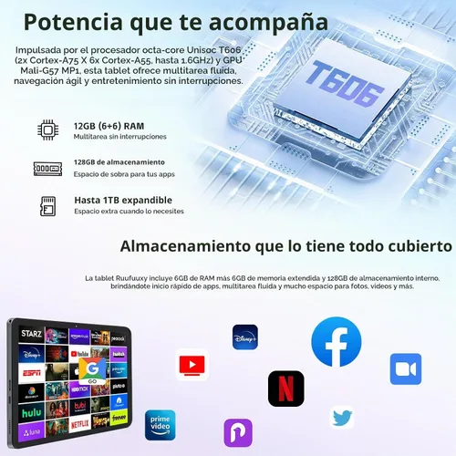 Vista 5 de Tableta, tableta Android 15 de 11 pulgadas con 12 GB de RAM 128 GB ROM, 1 TB expandible, cámaras de 5MP+13MP, pantalla HD de 1280 × 800, octa-core