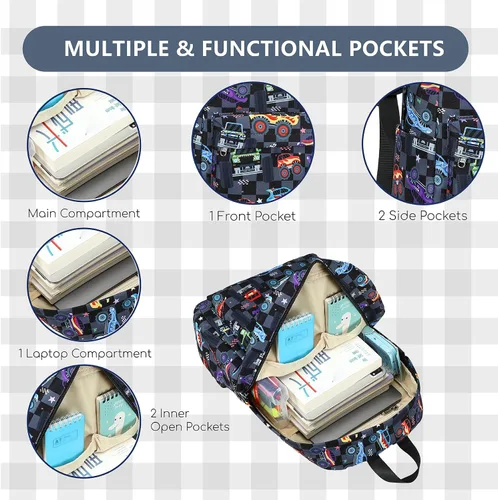 Vista 4 de CAMTOP Mochila para niños y niñas, mochilas preescolares con lonchera, juego de mochila escolar para jardín de infantes (vehículo negro a cuadros)