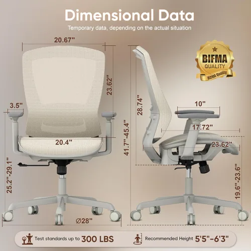 Vista 3 de ELABEST Silla de oficina de malla, silla ergonómica de escritorio para computadora, silla de tareas resistente, soporte lumbar ajustable y Beige