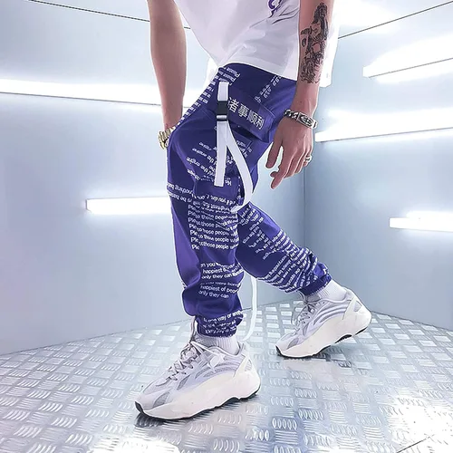 Vista 5 de XYXIONGMAO Pantalones deportivos tácticos casuales japoneses morados para hombre, pantalones de hip hop, ropa de calle, pantalones de carga