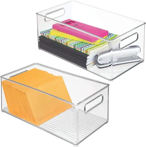 Vista 8 de mDesign - Contenedores pequeños de plástico para almacenamiento de oficina con asas para organización en gabinete de archivos, estante de armario
