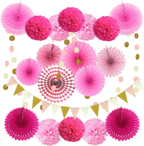 Vista 15 de Zerodeco - Decoración de fiesta, 21 piezas de abanicos de papel, pompones flores, tiras de cuerdas de lunares y banderines triangulares