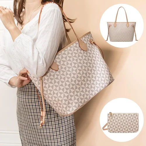 Vista 5 de Bolsos de mano para mujer, bolsos de moda de diseñador con asa superior, 2 piezas, con cartera pequeña (blanco)