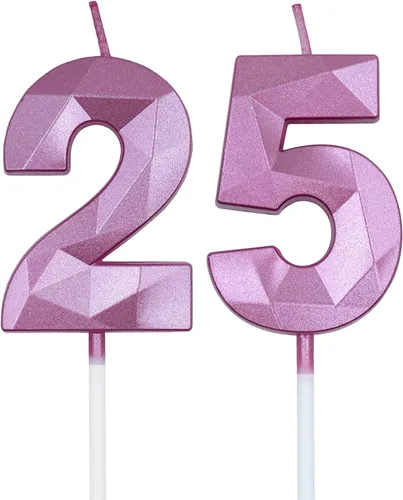 Vista 10 de Velas de cumpleaños número 25 y 52 para pastel, velas doradas con forma de diamante 3D con forma de diamante, decoraciones de cumpleaños