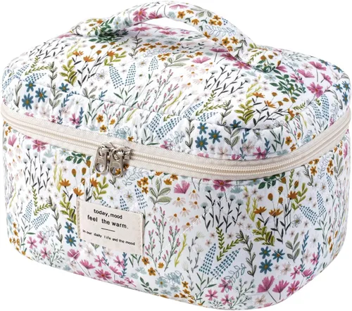 Vista 9 de uekeboag - Bolsa de maquillaje grande de viaje acolchada para mujer, neceser de algodón con estampado floral, neceser con estampado floral