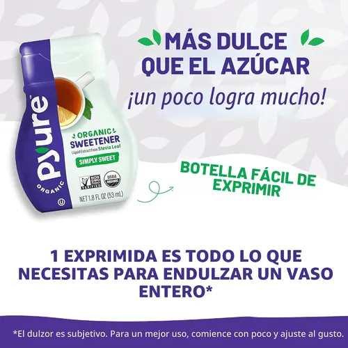 Vista 3 de Pyure Líquido orgánico stevia gotas dulcificante, simplemente dulce, 1.8 onza líquida Organic liquid stevia extract for coffee, tea, drinks, keto
