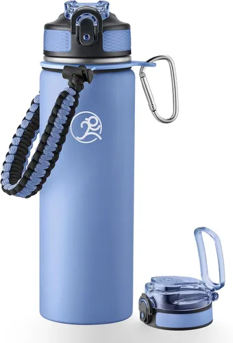 Vista 13 de GOSWAG - Botella de agua de viaje de acero inoxidable aislada de 24 onzas, 2 tapas with straw and no straw, Paracord handle, Double-wall vacuum