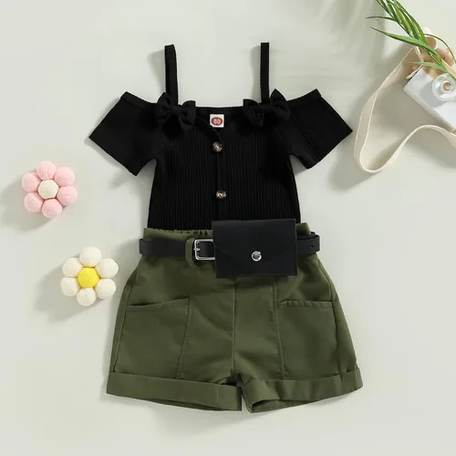 Vista 92 de TheFound Trajes de verano para niñas pequeñas, sin mangas, de punto acanalado, halter, pantalones cortos, ropa para recién nacidos, conjunto de 3