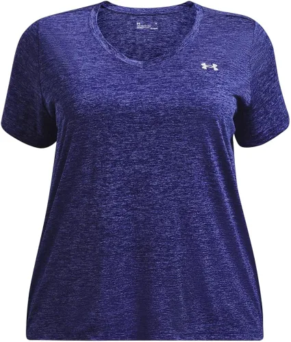 Vista 3 de Under Armour - Camiseta Tech de manga corta y cuello en V para mujer, jaspeada