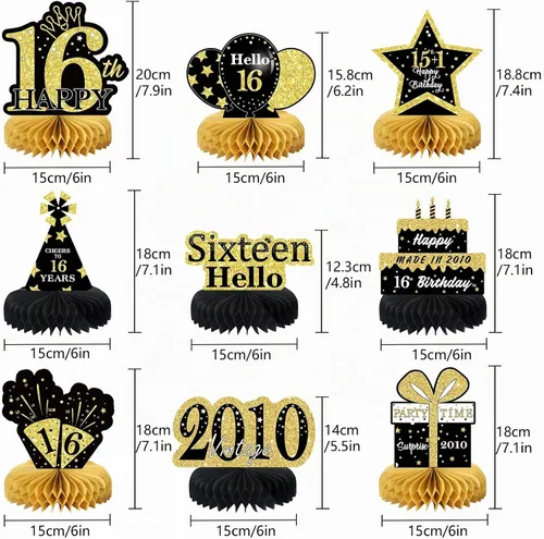 Vista 2 de 9 piezas de decoración de cumpleaños negro dorado 16 centros de mesa de panal para niños y niñas, centros de mesa de feliz cumpleaños 16 Oro negro 16