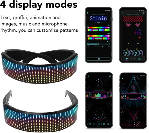 Vista 2 de Yunir Lentes LED, Bluetooth personalizables RGB con 4 modos de visualización, alto brillo, gafas inteligentes controladas por aplicación